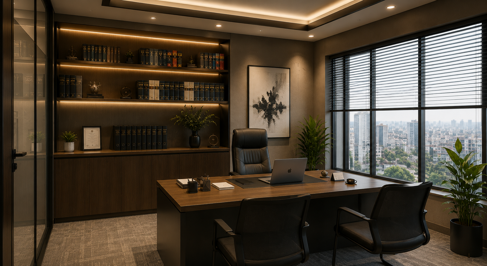 Chambers interior with law library and city view