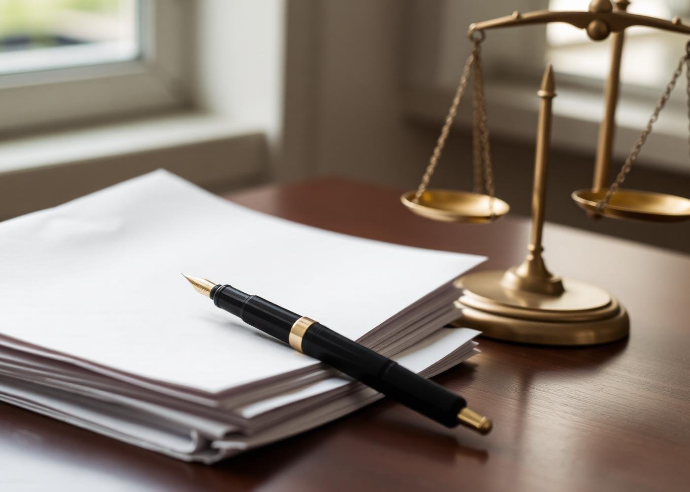 Legal brief, fountain pen and scales of justice on a desk